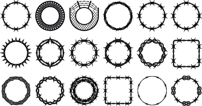 Black barbed wire frame and circle border vector illustration set, crown of thorns and prison fence outline elements isolated collection