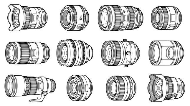 Collection of Camera Lenses, Hand-Drawn Illustration