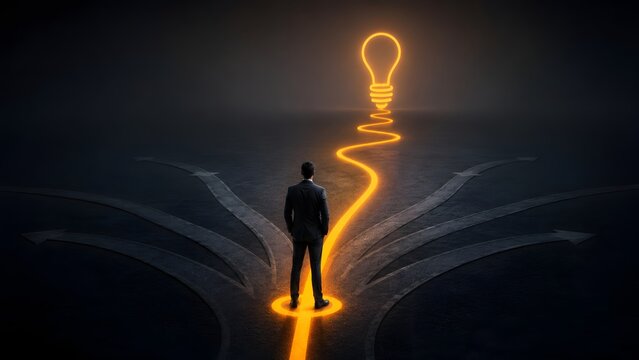 Businessman at a crossroads choosing the glowing path of innovation leading to a bright idea light bulb