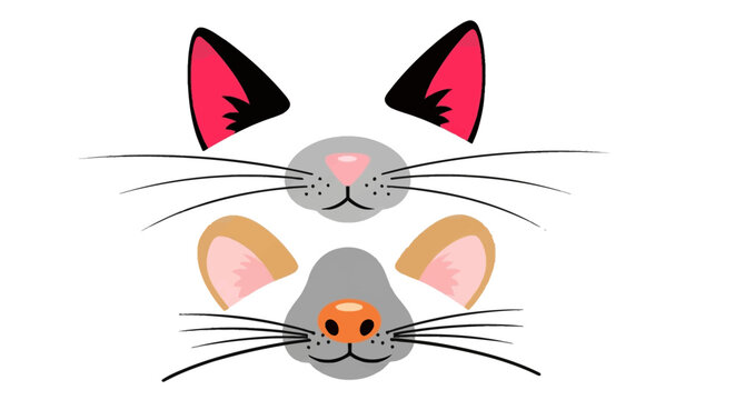 Cartoon cat and mouse animal mask graphic design elements.