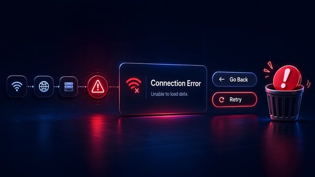 Neon glowing connection error interface with network failure icons and warning sign in trash bin representing offline server and lost data concept.