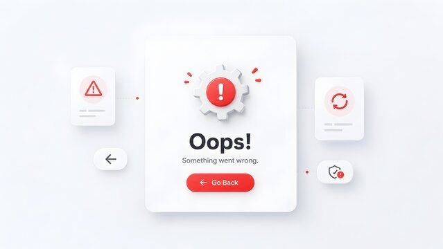 3D UI pop-up card for oops something went wrong error message with warning gear and document icons