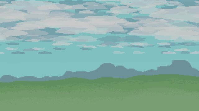 Pixel art, a sky filled with clouds and a grassy field, with a pattern that repeats seamlessly