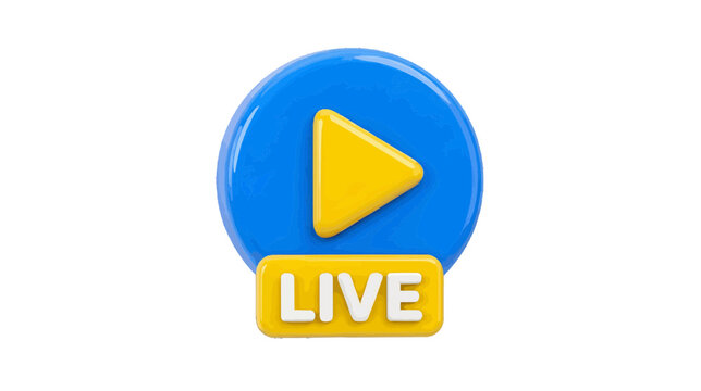 Vector illustration of 3d render of a blue globe icon with a yellow play button and live label on a transparent background