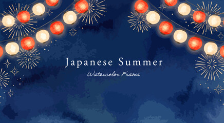提灯と花火の背景イラスト,水彩風の祭りちょうちんと打ち上げ花火、夏の濃紺フレーム枠、和風の長方形デザイン背景、夏祭り広告素材,手描きベクター,夜空と花火大会・縁日の飾り枠 © DROP DESIGN STUDIO