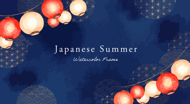 提灯の背景イラスト,水彩風の祭りちょうちんと夜空、夏の濃紺フレーム枠、青海波と麻の葉文様の長方形デザイン背景、夏祭り広告素材,手描きベクター,夜の提灯と金の和柄飾り枠,お盆休み・縁日