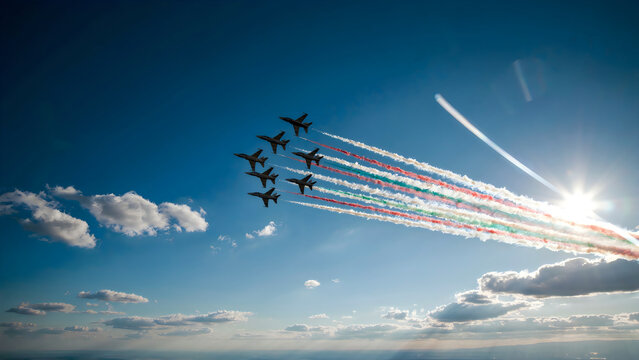 Six jets flying in formation with colored smoke trails