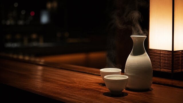 熱燗の徳利とお猪口から立つ湯気 夜の木のカウンターと行灯のあかり