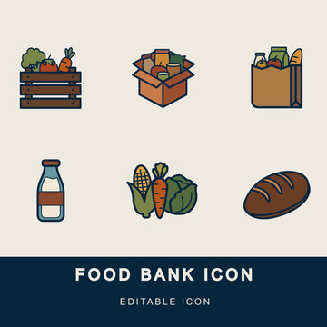 Food Donation and Charity Icons Set. Flat Vector Illustration of Food Bank, Grocery Box, Paper Bag, Fresh Vegetables, Bread, and Milk for Humanitarian Aid and Community Support Concepts