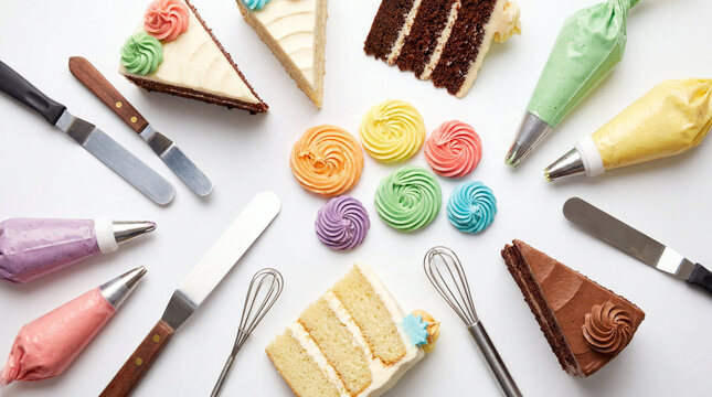 Sliced cake, meringue and piping bag with frosting on white background. Flat lay of professional baker tool and pastry utensil. Baking concept for culinary class and sweet shop banner.