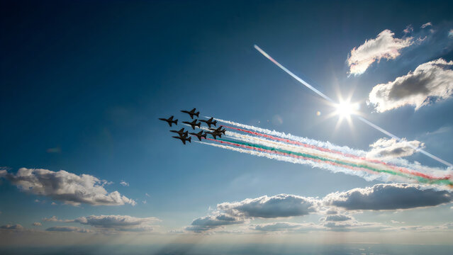Six jet planes flying in formation with smoke trails
