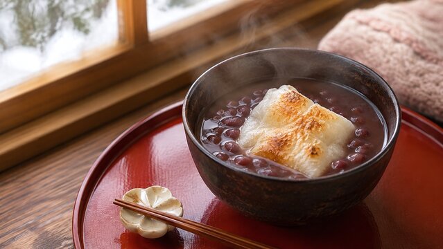 焼き餅入りぜんざいと湯気 朱塗りのお盆と冬の窓辺のやさしい光