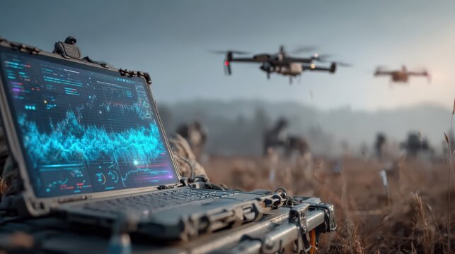 Surveillance drones fly over a dry field while someone monitors them on a laptop, showcasing advanced technology in action. ..Created with Generative AI, not depicting real subjects.