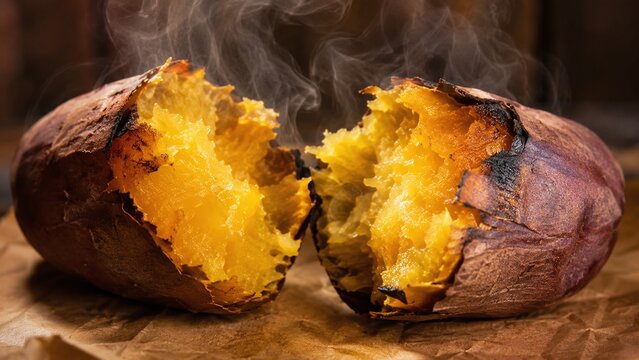 割りたての焼き芋と湯気 蜜あふれる金色の断面 冬のおやつの定番