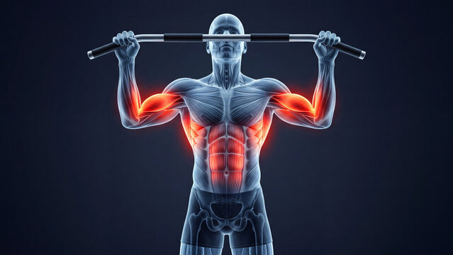 Single-person chin-up illustration highlighting stronger elbow-flexor involvement, great for arm-and-back training visuals and pulling exercise guides.