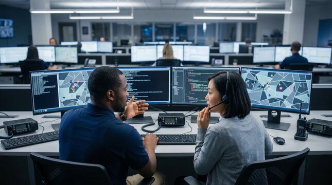 Dispatchers discussing incident tracking screens in emergency control room. Concept of public safety, teamwork, command center and crisis response.