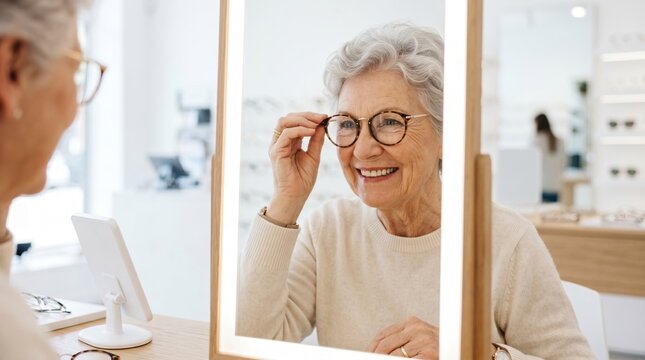 Senior woman trying on new glasses in front of mirror. Happy elderly female customer selecting eyewear frames at optical shop
