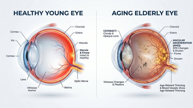 Medical illustration comparing healthy young eye and aging elderly eye. Diagram showing cataract and macular degeneration. Age related eye changes concept