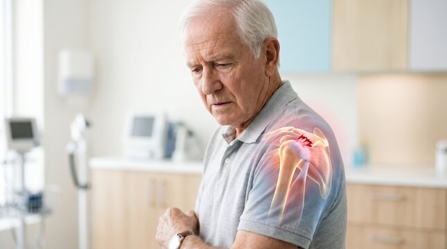 Senior man with shoulder pain and 3D anatomy graphic of rotator cuff tear. Elderly male patient with internal joint muscle injury