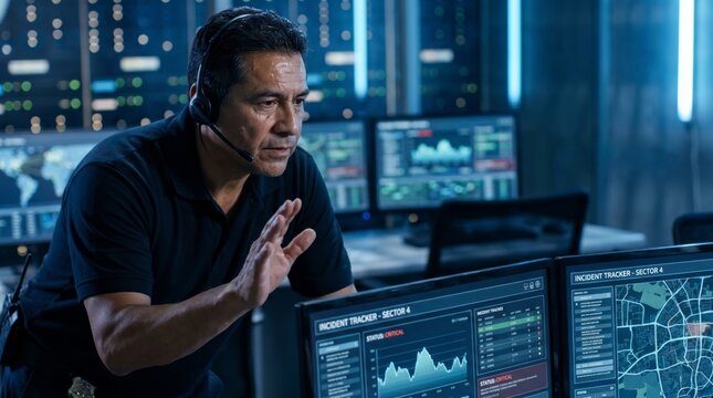 Male dispatcher coordinating incident response from control room screens. Concept of emergency service, public safety, crisis monitoring and communication.