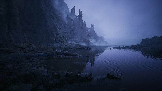 melancholy cliffside ruin under blue haze, still water reflecting broken battlements, gentle ripple and textured foreground stones create romantic yet somber