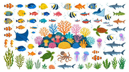 Obraz premium Vibrant ocean creatures swim around coral reef with various fish and sea animals in a stunning underwater scene.