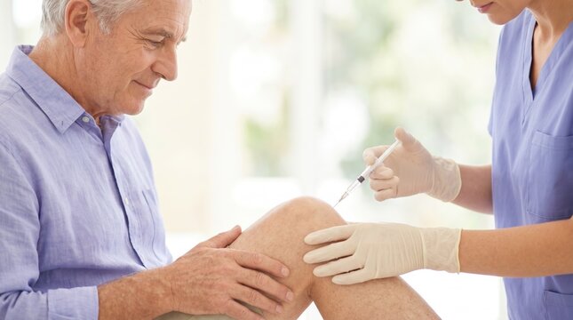 Healthcare professional administering a corticosteroid joint injection into the knee of a senior male patient. Older man receiving medical treatment for arthritis pain in a bright clinic