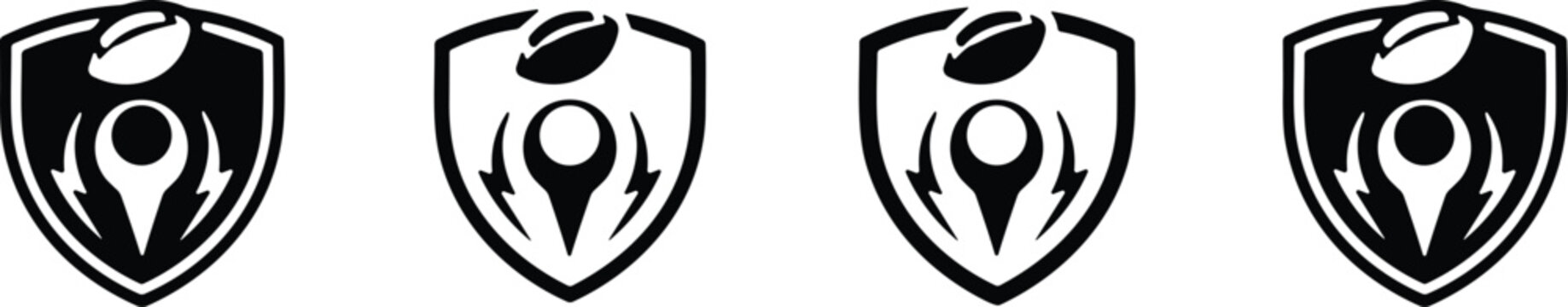 Four identical black shield logos with map pin and rugby ball on white background