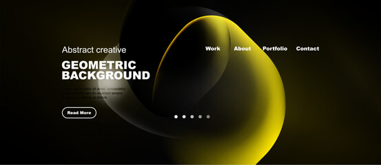 Naklejka premium Dark background features abstract yellow shapes. Website header includes navigation options work, about, portfolio, contact. Minimalist design.