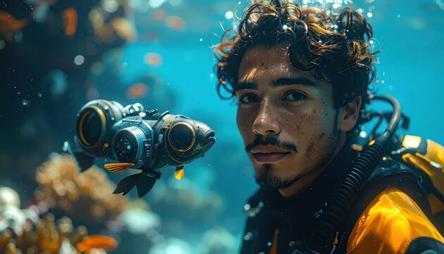 Scuba diver exploring ocean with robotic fish companion.