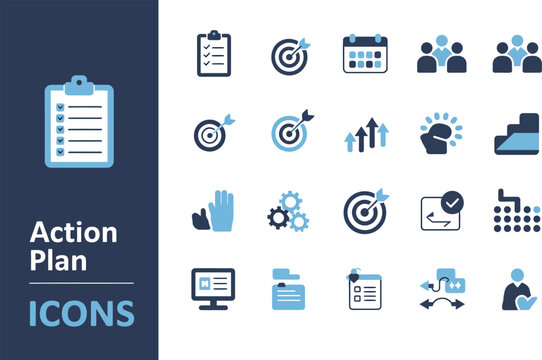Action plan icons demonstrate organizational steps for achieving goals through strategic.