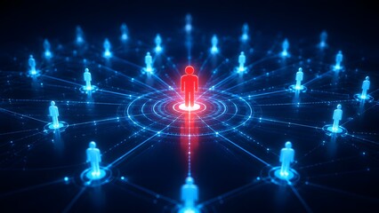 Fototapeta premium Glowing red human figure in the center of a digital network symbolizing central leadership and global communication