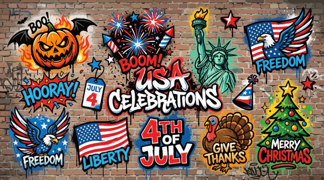 Vibrant American symbols and icons celebrate patriotism and freedom on a brick wall.