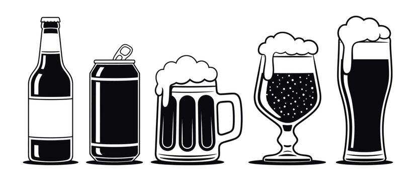 Beer bottle can and glass vector illustration, Brewery beverage icons for pub, bar, restaurant, menu, and drink branding design.