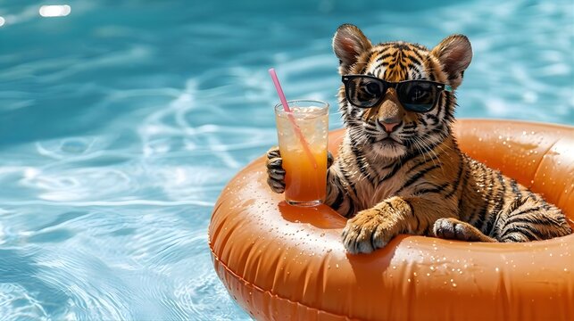 Cute Tiger Relaxing on Inflatable Pool Float Wearing Sunglasses and Holding Tropical Drink, Summer Vacation Concept. tiger, pool float, sunglasses, summer vacation, tropical drink, swimming pool, cute