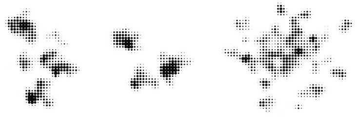 Abstract halftone dot patterns with scattered black circular shapes. Vector design elements with varying point density for modern graphic background, distressed texture, street art and print branding © Hoody Baba