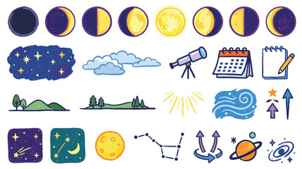 Fototapeta premium Crayon Moon Phases Icons Set Vector Illustration