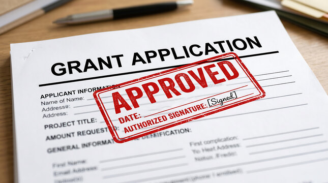 A printed grant application form features a bold red ink stamp indicating official approved status