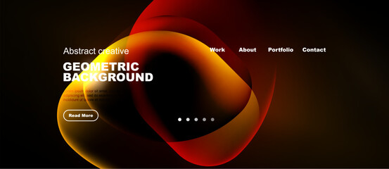 Naklejka premium Dark background features vibrant orange, red shapes. Website header includes navigation options, read more button. Modern design elements present.