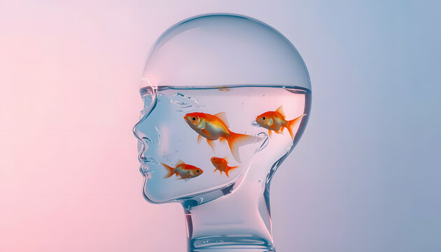 transparent glass mannequin head filled with water and goldfish swimming inside against a pastel gradient background