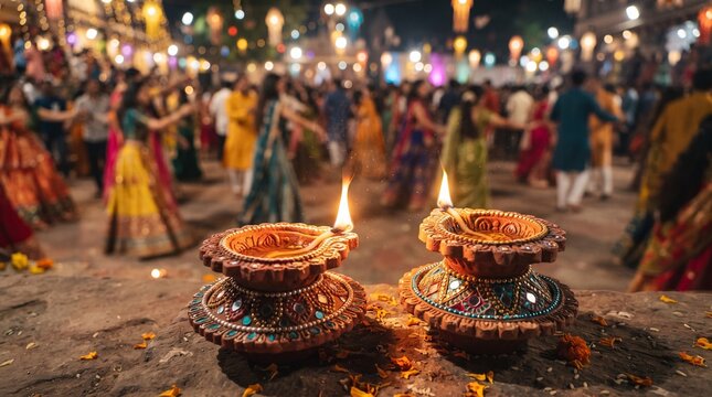 Navaratri celebration with traditional diyas vibrant garba dance and festive lighting at night