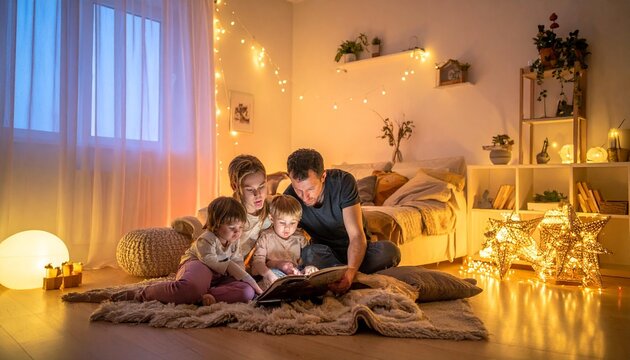 Family reading a book by fairy lights in cozy bedroom