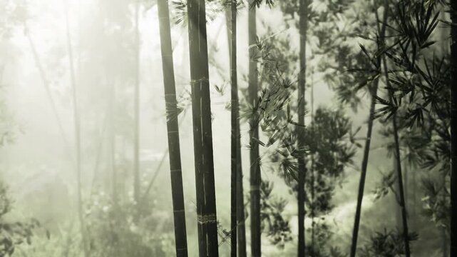 narrow bamboo trail with soft mist and dappled light, intimate pathway suggesting hike, ecoadventure or mindful walk, ideal for travel, outdoor and wellness