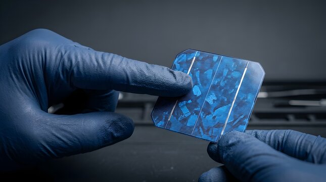 Close up view of researcher hands holding a blue polycrystalline photovoltaic wafer for clean energy solar tech testing.