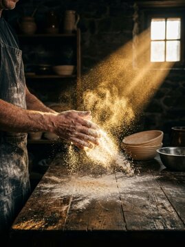 Baker clapping hands with flour dust in sun rays. Man preparing dough in rustic kitchen. Traditional bakery craft, manual labor process, artisan culinary preparation, homemade bread concept.