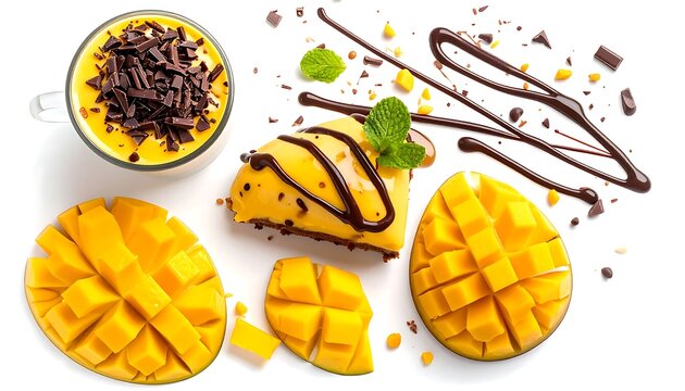 Fresh mango slices with chocolate drizzle and toppings.