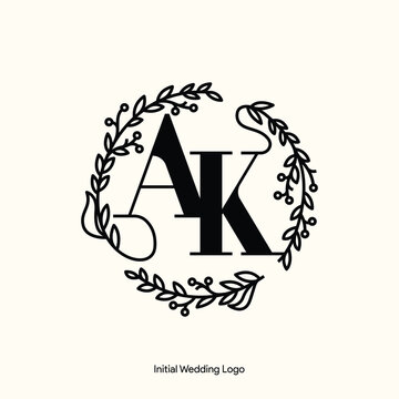 Elegant Floral AK Initial Wedding Logo Monogram with Botanical Wreath