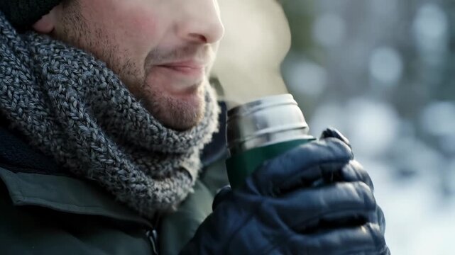 Man takes sip from thermos in snowy setting. Warm clothing and winter gear are visible. Cold weather scene with snow on ground. Concept of outdoor activities, winter sports, adventure trips