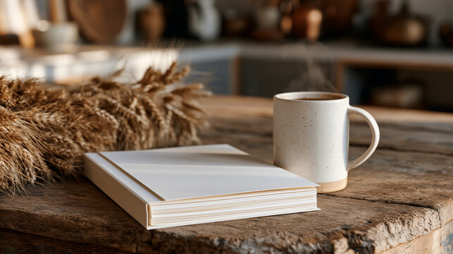 Crisp folder document mockup on a worn wooden farmhouse table beside harvested wheat stalks and a steaming mug, shallow depth selective focus highlighting the branded cover