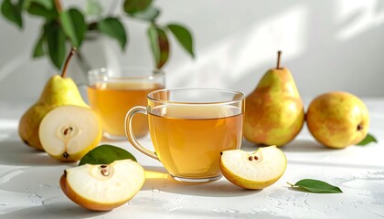 Fototapeta premium Fresh pear tea with sliced fruit on white table.